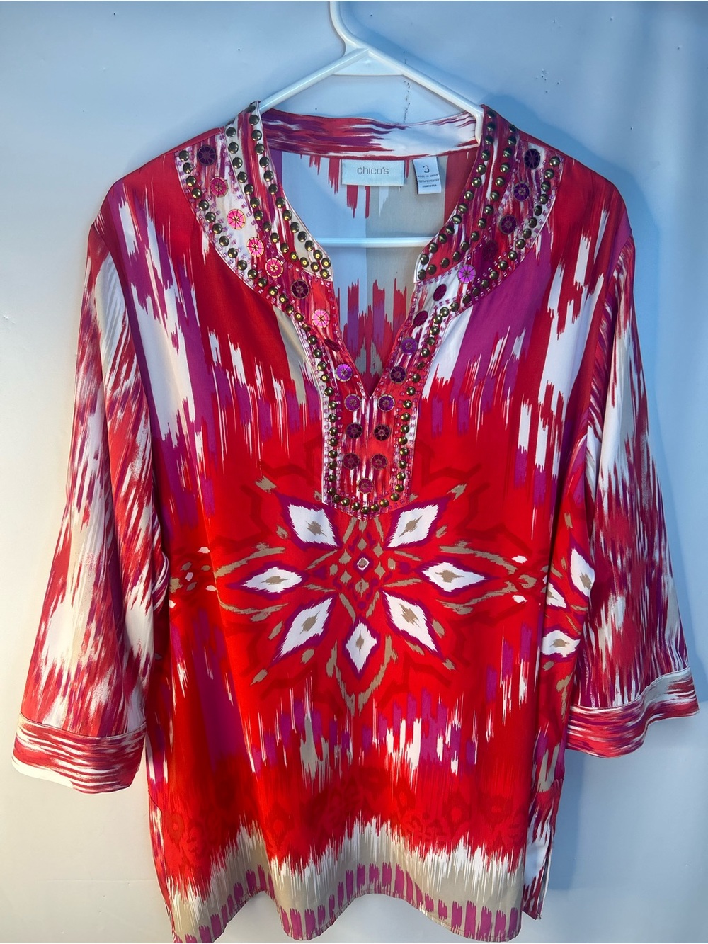 Chico's Red and White Beaded V-Neck Tunic